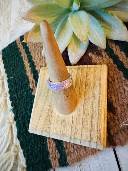 Zuni Light Pink Double Opal & Sterling Silver Inlay Band Ring