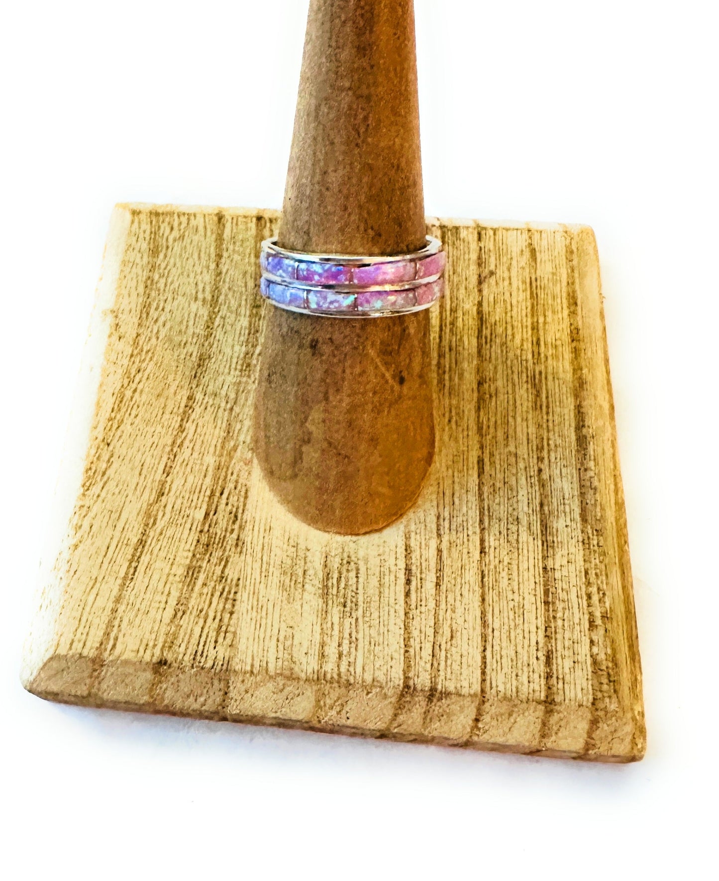 Zuni Light Pink Double Opal & Sterling Silver Inlay Band Ring