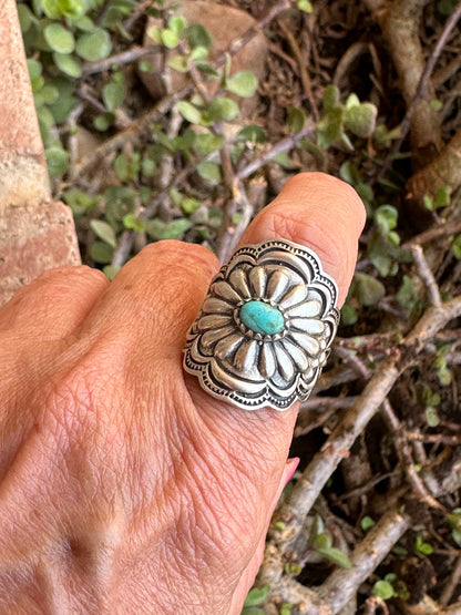 Beautiful Concho Handmade Turquoise And Sterling Silver Adjustable Ring